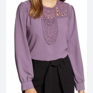 NWT Halogen Purple Lace and Crepe Shirt Size XS Lace Blouse Long Sleeves
